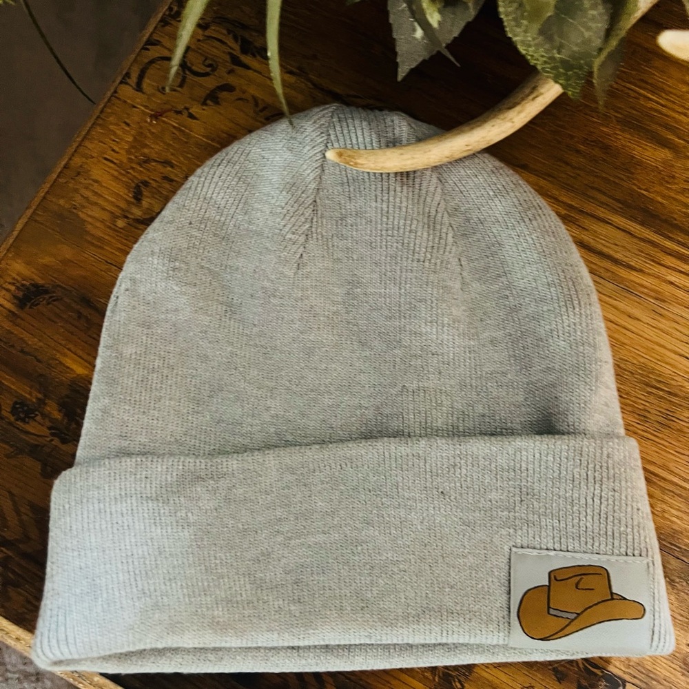 Adult Gray Beanie with Cowboy Hat Patch